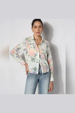 VERO MODA Women Light Beige Floral Cotton Shirt, Long Sleeves, Spread Collar