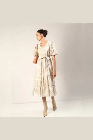 VERO MODA Women Off-White Printed Midi Dress, Short Sleeves, V-Neck