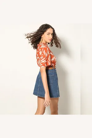 VERO MODA Women Brown Printed Cotton Top, Short Sleeves, Round Neck
