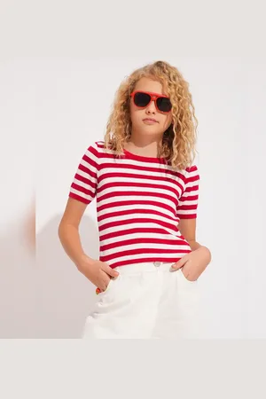 VERO MODA Girls Girls Red Striped Knitted Top, Short Sleeves