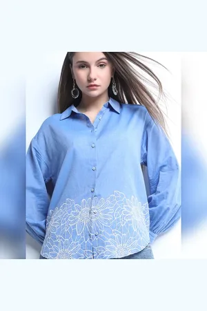 VERO MODA Women Blue Floral Embroidery Shirt, Long Sleeves, Shirt Collar