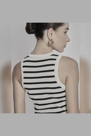 VERO MODA Women White Striped Tank Top, Sleeveless, Round Neck