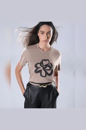VERO MODA Women Beige Embroidered Organic Cotton T-shirt, Short Sleeves, Round Neck