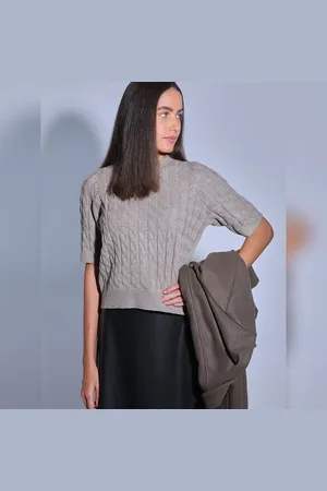 VERO MODA Women Beige Recycled Polyester Pullover, Short Sleeves, Round Neck