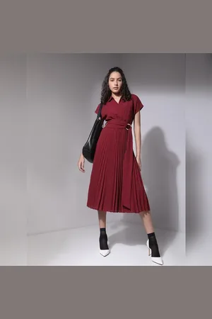 VERO MODA Women Red Pleated Midi Dress, Short Sleeves, Shirt Collar