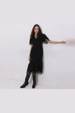 VERO MODA Women Black Cut-Out Midi Dress, Short Sleeves, V-Neck