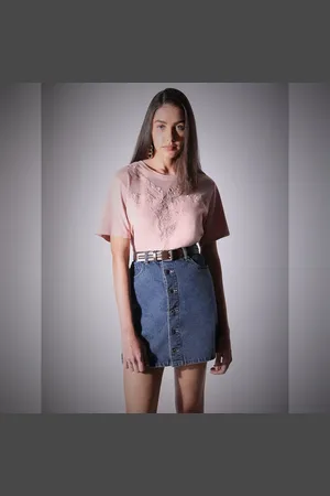 VERO MODA Women Pink Floral Appliqu Mesh T-shirt, Short Sleeves, Round Neck