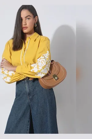 VERO MODA Women Yellow Applique Work Shirt, Long Sleeves, Spread Collar