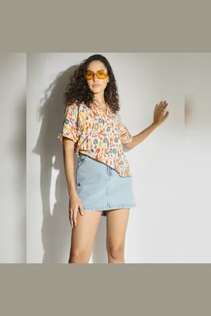 VERO MODA Women Multi-Colour Printed Top, Short Sleeves, Mandarin Collar