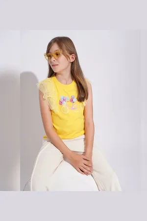 VERO MODA Girls GIRLS YELLOW EMBELLISHED GRAPHIC T-SHIRT, Short Sleeves, Round Neck