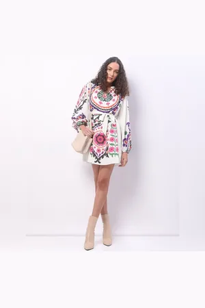 VERO MODA Women BEIGE FLORAL PRINT SHORT DRESS, Long Sleeves, V-Neck