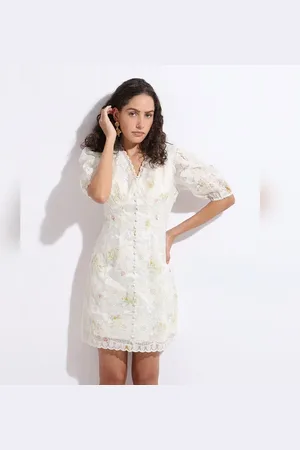 VERO MODA Women BEIGE LACE MINI DRESS, Short Sleeves, V-Neck