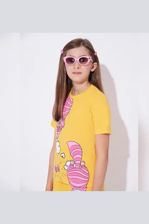 VERO MODA Girls Girls Yellow Cheshire Cat T-shirt, Short Sleeves, Round Neck