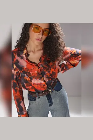 VERO MODA Women ORANGE FLORAL PRINT SHIRT, Long Sleeves, Spread Collar