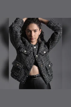 VERO MODA Women BLACK JACQUARD SHORT JACKET, Long Sleeves, Round Neck