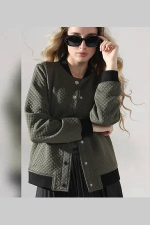 VERO MODA Women GREEN BOMBER JACKET, Long Sleeves, Mandarin Collar