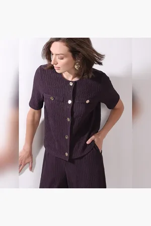 VERO MODA Women Plum Crinkle Weave Co-ord Set Top, Short Sleeves, Round Neck