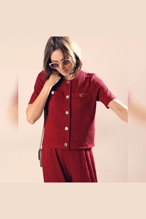 VERO MODA Women Red Crinkle Weave Co-ord Set Top, Short Sleeves, Round Neck