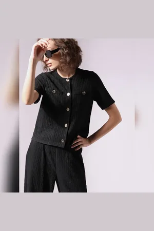 VERO MODA Women Black Crinkle Weave Co-ord Set Top, Short Sleeves, Round Neck