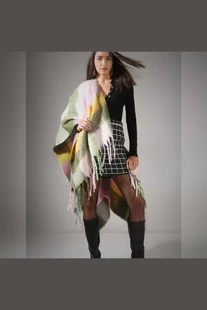 VERO MODA Women Green Check Print Poncho, Front Open