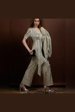VERO MODA Women Silver Sequined Jumpsuit, Long Sleeves, V-Neck