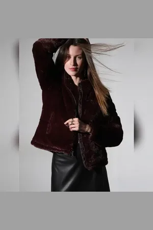 VERO MODA Women Chocolate Brown Faux Fur Short Jacket, Long Sleeves, Turtle Neck