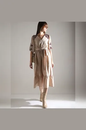VERO MODA Women Beige Embroidered Midi Dress, Short Sleeves, V-Neck