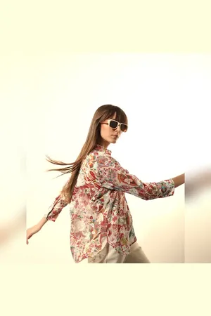VERO MODA Women Pink Floral Embroidered Shirt, Three-Quarter Sleeves, Spread Collar