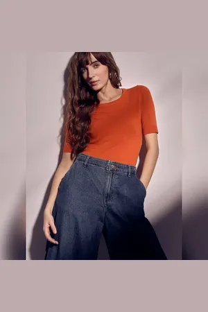VERO MODA Women Rust Knitted Top, Short Sleeves, Round Neck