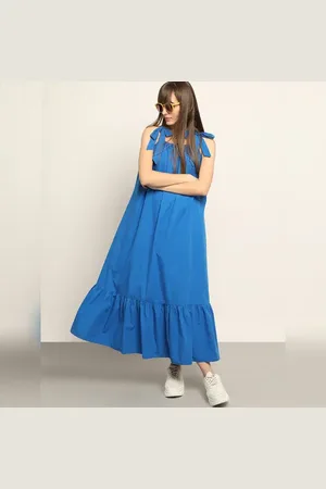 VERO MODA Women Blue Flared Cotton Long Dress, Sleeveless, Shoulder Straps