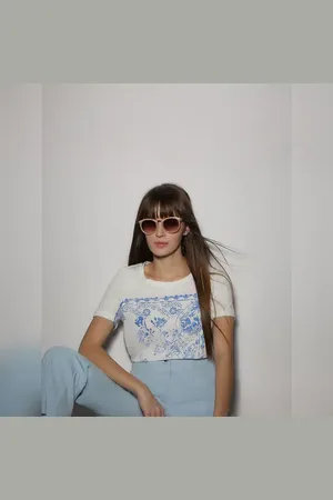 VERO MODA Women White Printed T-shirt, Short Sleeves, Round Neck