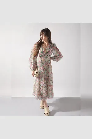 VERO MODA Women Multi-Colour Floral Pleated Midi Dress, Long Sleeves, V-Neck