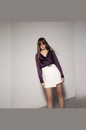 VERO MODA Women Dark Purple Cowl Neck Top, Long Sleeves, Cowl Neck