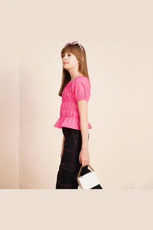 VERO MODA Girls Girls Pink Smocked Peplum Top, Short Sleeve, Round neck