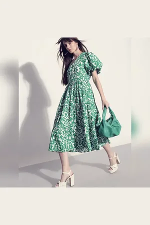 VERO MODA Women Green Printed Puff Sleeves Midi Dress, Short Sleeves, V-Neck