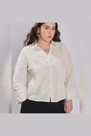 VERO MODA Women CURVE Off-White Cording Detail Cotton Shirt, Long Sleeves, Spread Collar