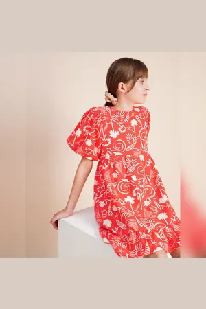 VERO MODA Girls Girls Coral Puff Sleeves Printed Dress, Short Sleeve, Round neck