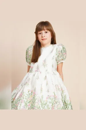VERO MODA Girls Girls White Floral Jacquard Dress, Short Sleeve, Round neck
