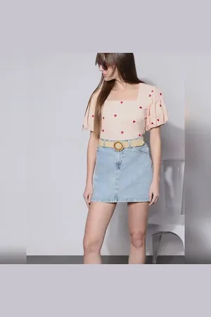 VERO MODA Women Beige Embroidered Heart Top, Short Sleeves, Square Neck