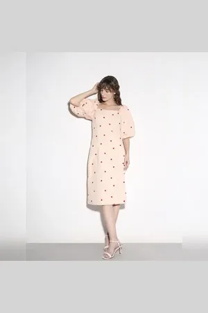 VERO MODA Women Peach Heart Print Midi Dress, Short Sleeves, Square Neck
