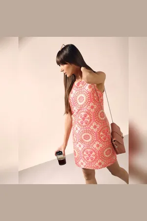VERO MODA Women Pink Printed Boxy Fit Mini Dress, Sleeveless, Round Neck