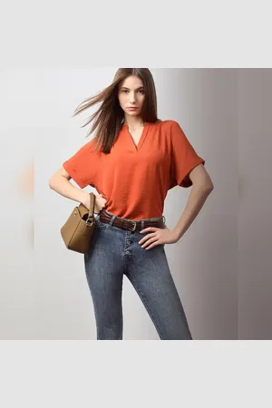VERO MODA Women Orange Top, Short Sleeves, V-Neck