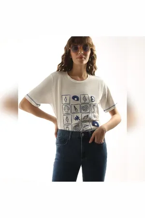 VERO MODA Women White Crochet Print T-shirt, Short Sleeves, Round Neck