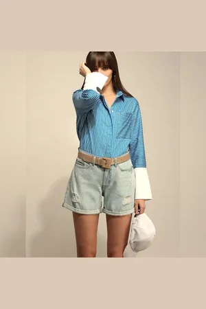 VERO MODA Women Blue Striped Cotton Shirt, Long Sleeves, V-Neck