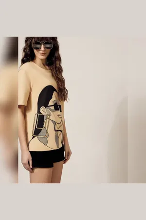 VERO MODA Women Beige Printed Cotton T-shirt, Short Sleeves, Round Neck