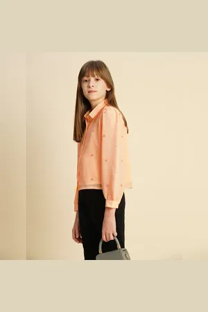VERO MODA Girls Girls Peach Embroidered Shirt, Long Sleeves, Cut away