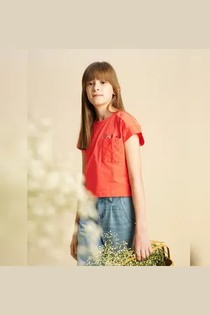 VERO MODA Girls Girls Orange Embroidered Pocket T-Shirt, Short Sleeves