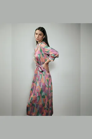 VERO MODA Women Pink Abstract Print Shirt Dress, Short Sleeves, V-Neck