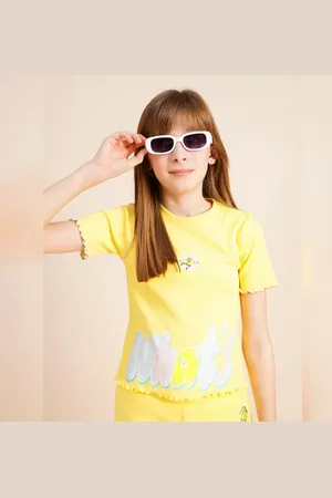 VERO MODA Girls Girls Yellow Ribbed Co-ord Set T-shirt, Short Sleeve, Round neck