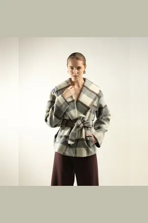 VERO MODA Women WHITE CHECK LONG SLEEVE JACKET, Long Sleeves, Shawl Collar